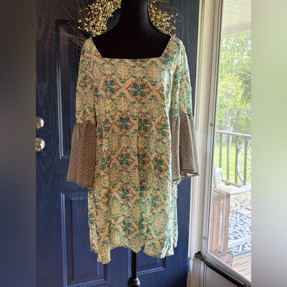 Altar'd State Green and Cream Sundress with Bell Sleeves size Small - Picture 1 of 10